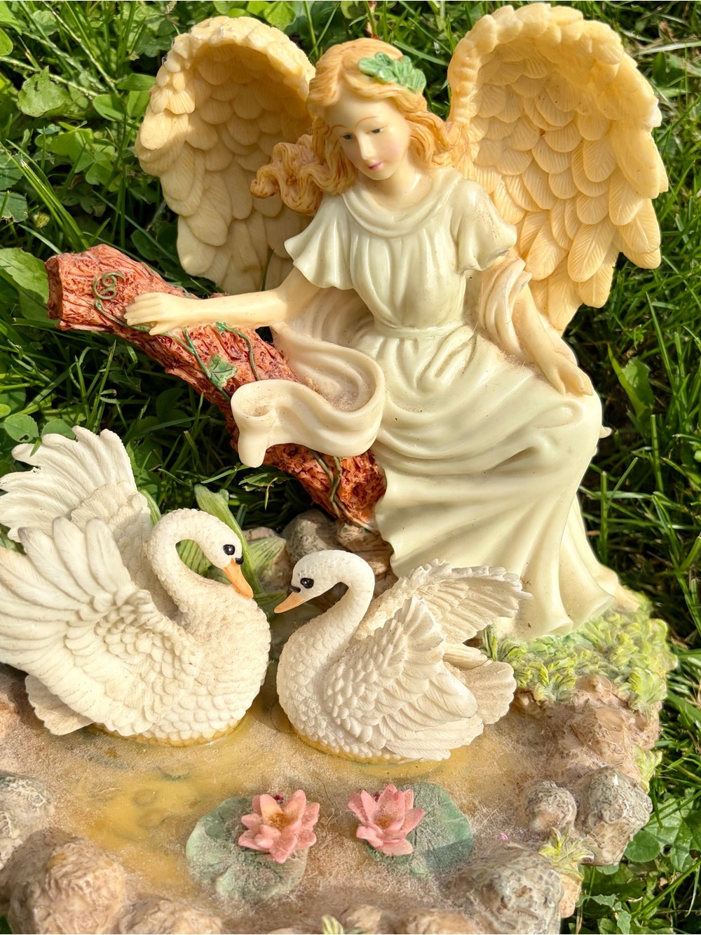 Hand-Painted Ceramic Angel with Swan Fountain - Cream and White